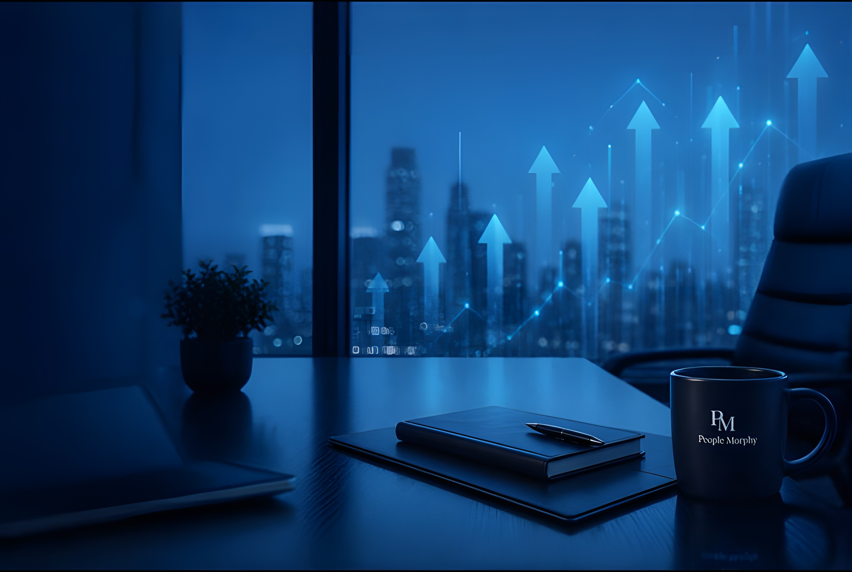 Executive desk with a People Morphy branded mug, overlooking a city skyline with a rising growth chart overlay