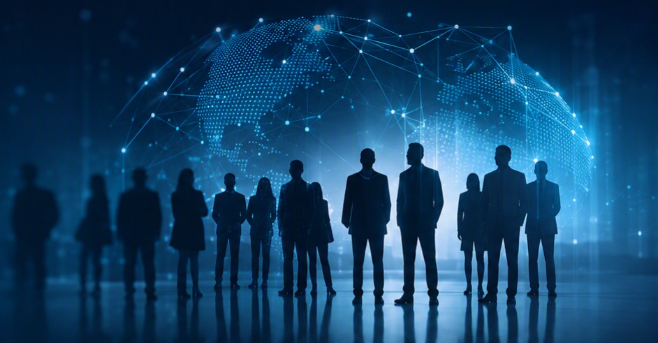 Silhouettes of business professionals in front of a global network graphic, representing People Morphy's global reach