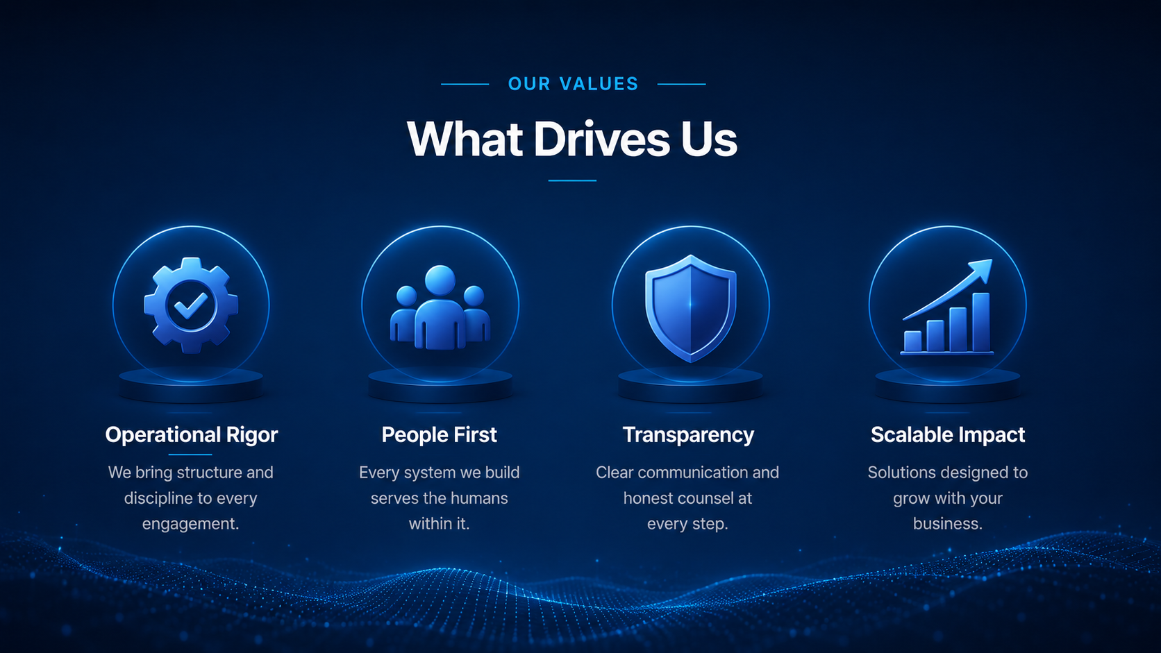 Our Values - What Drives Us: Operational Rigor, People First, Transparency, Scalable Impact